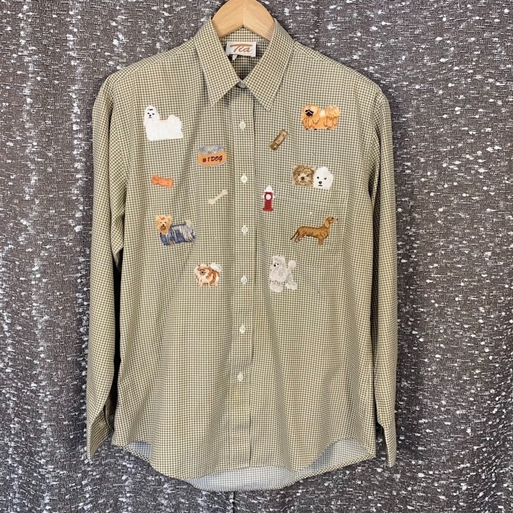 Vintage Tia Designs Plaid Button Up Dogs Applique Embroidered‎ Women's Medium